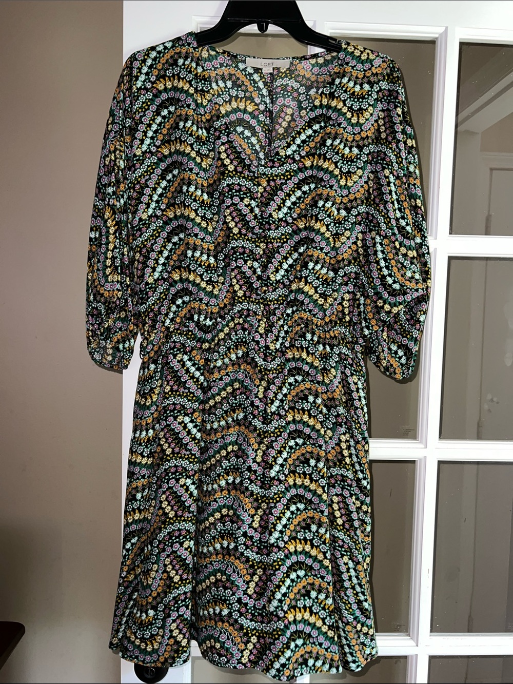 LOFT Black Midi Dress with Multicolor Wave Floral Print-Missing tie belt